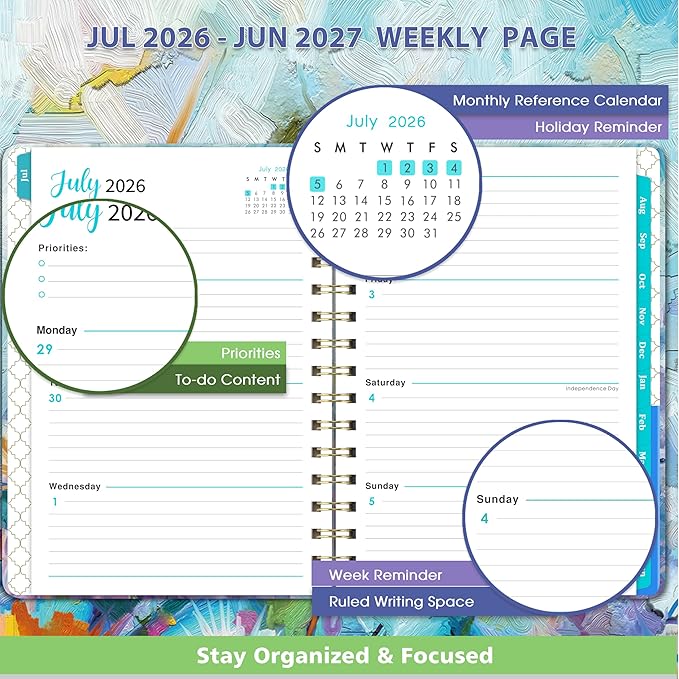 Planner 2026-2027 - 2026-2027 Planner, July 2026 - June 2027, 6.3’’ × 8.4’’, Weekly and Monthly with Tabs, Inner Pocket, Hardcover, Elastic Closure