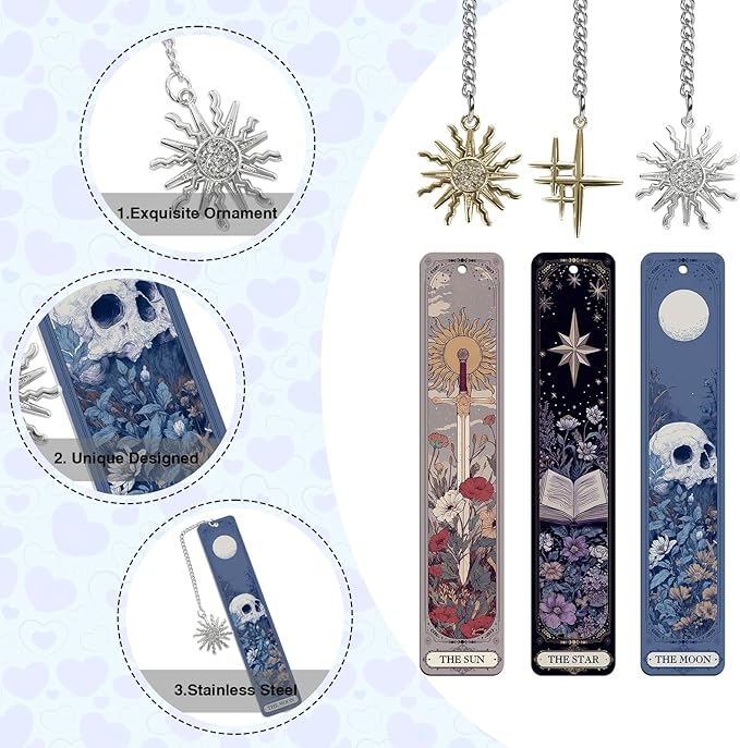 Gothic Tarot Bookmarks Gifts - 3PCS Funny Bookmarks for Women, Tarot Reading Accessories for Book Lovers, Horror Sun Moon Star Halloween Christmas Birthday Gifts for Friends Bookish