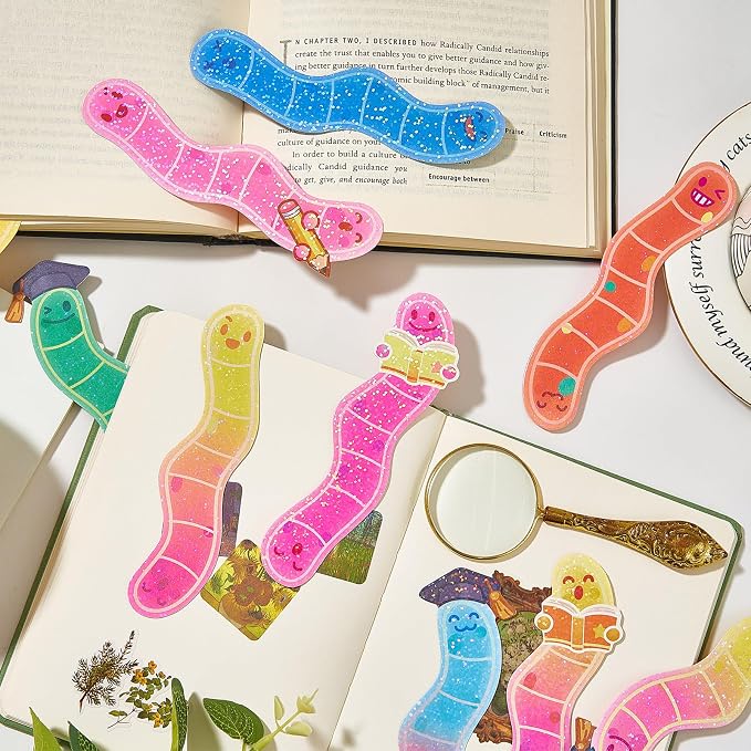 30Pcs Bookworm Bookmarks, Gliter Paper Cute Bookmark, Double Printing, Bookish Gifts for Book Lovers, Students, Readers - Cool Stationery for School & Library