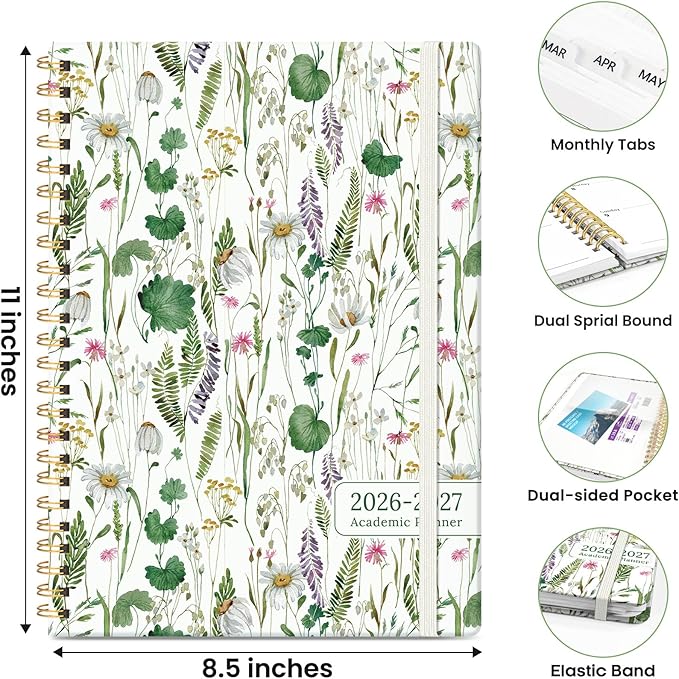 Planner 2026-2027, Monthly and Weekly Academic Planner July 2026 - June 2027, Hardcover Student Teacher Planning Agenda Calendar Book with Tabs, Perfect for Office School Supplies, A4 (8.5" x 11") - Spring Flowers