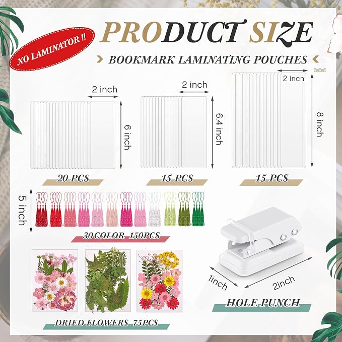 Fuyoooo 176 Pcs Dried Flower Bookmark Making Kit, DIY Bookmark Laminating Pouches with Tassels and Puncher DIY Project Gifts for Women Night Out Craft Book Lovers (Pink,3 Size)