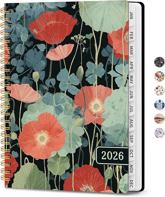 2026 Planner, Weekly and Monthly Planner for Women, Jan 2026 - Dec 2026 Pretty 2026 Calendar Planner with Monthly Tabs, Inner Pocket, Spiral Binding, Perfect for Office Home School - 6.3" x 8.5", Poppy Garden