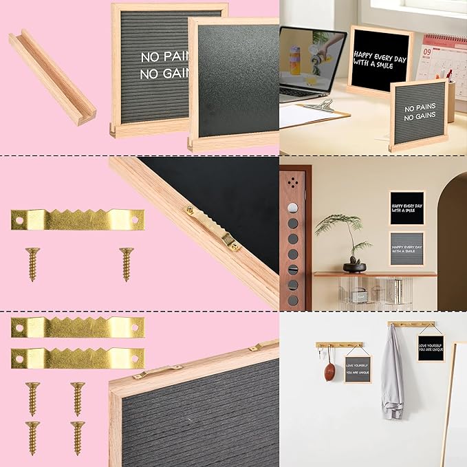 10" x 10" Double Sided Chalkboard Sign with Stand, Small Chalk Board Blackboard Wood Frame Felt Letter Board with 12 Chalk Markers and 340 Letters (Natural Wood)