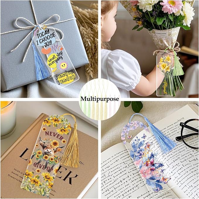 Dazoratix Inspirational Bookmark Making Kit - 60 PCs Boho Motivational Clear Acrylic Bookmarks Blanks Colorful UV DTF Stickers DIY Craft Transparent Book Marks with Tassels for Reading Lover Kids Gift