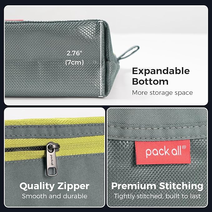 pack all Double-Layered Water-Resistant Zipper Pouch, Mesh Zipper Bags for Storage, Travel, Office & Home Organization (Grey, Medium)