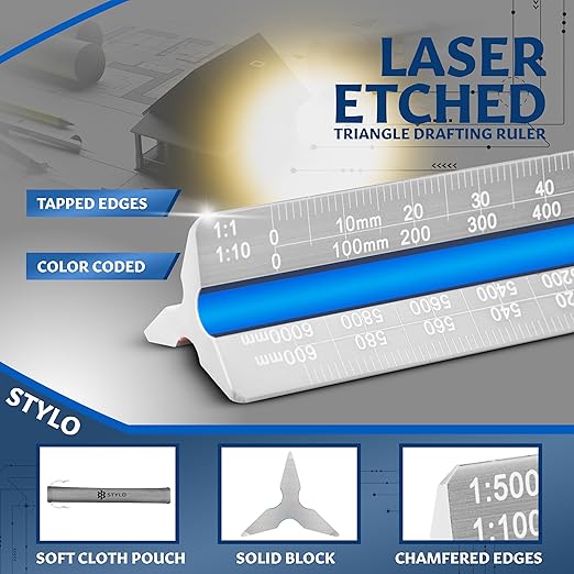 Stylo 12" Aluminum Architect Scale Ruler Laser Etched Triangle Drafting Ruler, Color Coded Grooves for Blueprint, Drafting and Drawing, Architectural Scale Ruler for Blueprints (Grey, Metric)