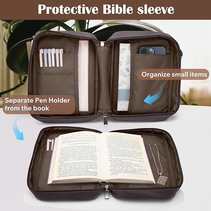 Small Bible Cover Case for Women and Men, 9x6 PU Leather Bible Sleeve, Compact Travel Bible Carrier Bag with Front Pen Holders, Zipper Closure, Inner Pockets - Coffee Brown