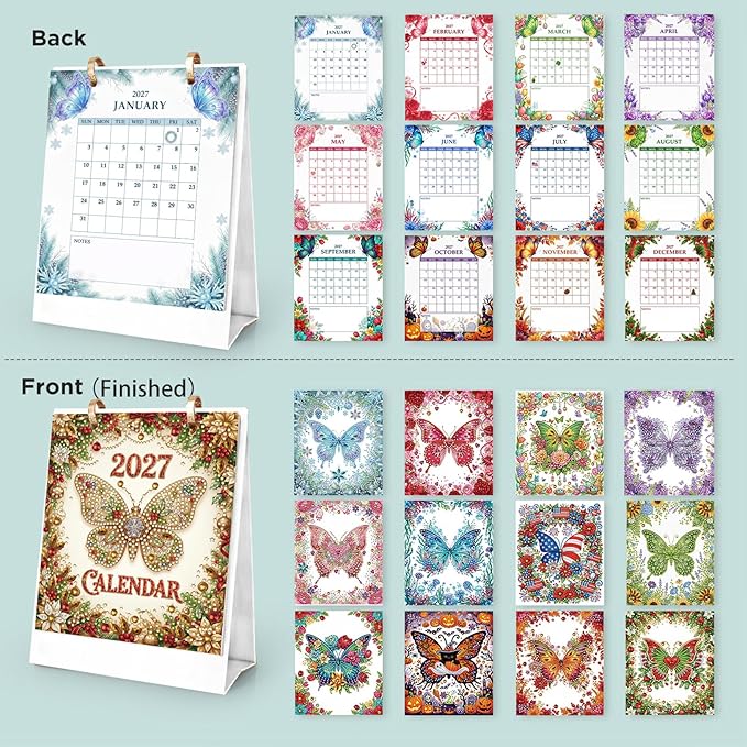 2027 Standing Desk Calendar DIY Diamond Art Painting Monthly Flip Dates Butterfly Double-Sided Pattern Tabletop Calendars DIY Craft Supplies Planner Office Home-Butterfly