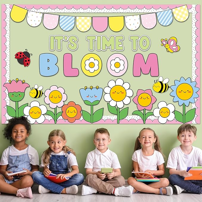 Spring Theme Bloom Flower Bulletin Board Set It's Time to Bloom Classroom Decoration Springtime Floral Bee Butterfly Paper Cutouts for Back to School Home Nursery Chalkboard Wall Decor Party Supplies