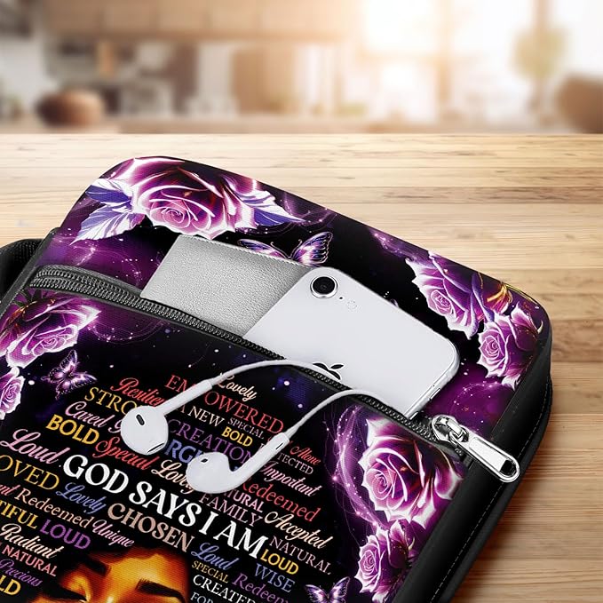 God Says I Am Bible Cover for Women, African American Design Bible Case with Handle and Zipper Pocket, Inspirational Scripture Canvas Bag for Church, Bible Study, Spiritual Christian Gift