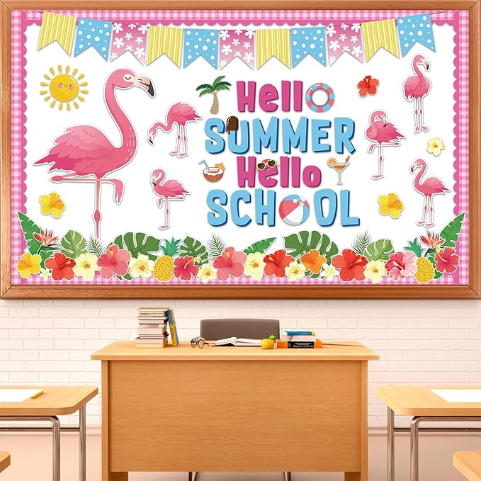 Summer Flamingo Bulletin Board Tropical Hawaiian Classroom Bulletin Board Decorations Pink Flamingo Palm Leaf Cutouts for Hello Summer Hawaiian Back to School Library Window Chalkboard Wall Decor
