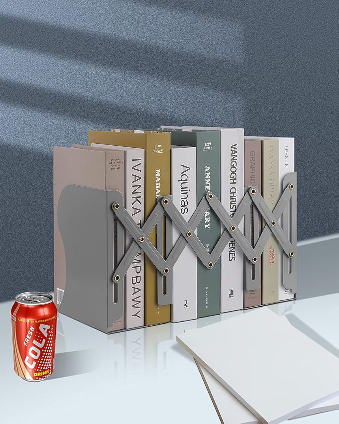 MSDADA Adjustable Bookends, Book Ends for Heavy Books, Expandable Book Organizer for Desk, Shelf, Office, School, for 6 7 8 9 10 11-15 Boys and Girls, Extends up to 19 inches (Grey)