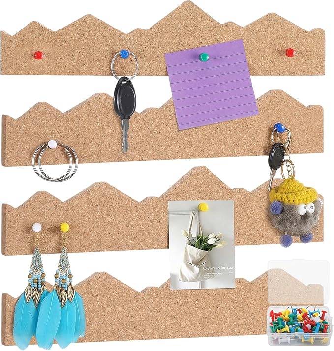 CroBlissful 4 Pcs Cork Strips Bulletin Bar Strip for Wall 12 x 3 Inches Frameless Cork Board Strips with 50 Push Pins, Self Adhesive Backing, for Classroom Office Home Cubicle (Mountain Style)