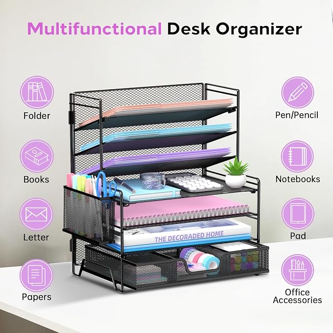 SUPEASY 7 Tier Desk Organizer with Drawer & Pen Holder, Heavy Duty Metal Letter Tray Paper File Organizer for Home Office School Classroom, Black
