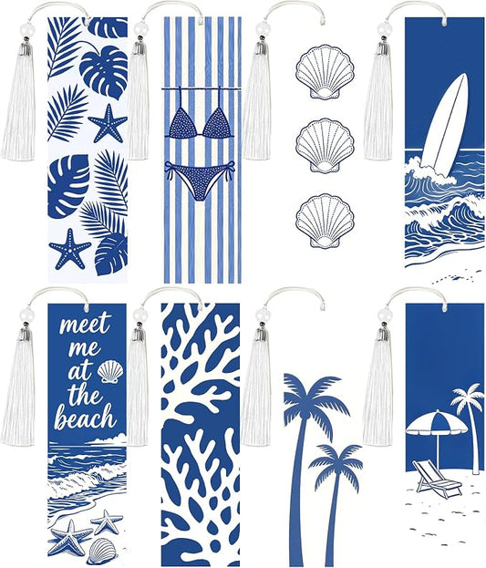 8PCS Diamond Painting Art Bookmarks,Cute Acrylic Bookmarks Crafts Kits Gifts with Tassels for Adult Women Book Lovers (Beach)