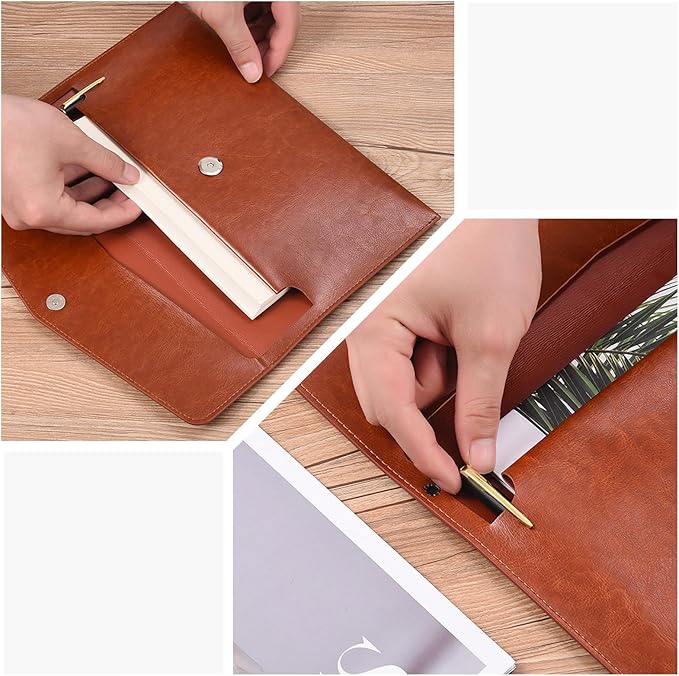 PU Leather A5 File Folder Document Holder A5 Envelope Folder with Snap Closure for Receipt 2Packs (Black&Brown)