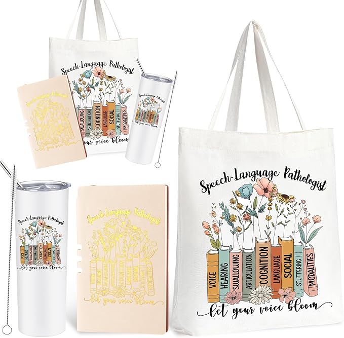 Fuutreo 3 Pcs Speech Language Pathologist Appreciation Gifts for Women, 20 oz Stainless Steel Tumbler Cup with Lid Canvas Tote Bag Leather Journal Thank You Gifts for Speech Language Pathologist