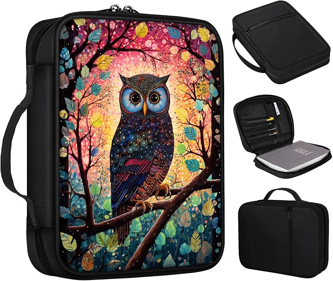 Bible Cover, Owl Colorful Leaves Case With Handle and Zippered Pocket, Standard Size Holy Bible Bag, Women Gifts, Church Bag Portable Carrying Book Case for Study