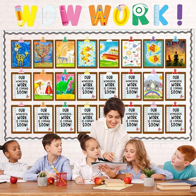 Mooliwe 139 Pcs Student Work Display Bulletin Board Composition Notebook Paper Classroom Decoration Wow Work Cutouts with Clipnames Display Classroom Wall Decor for Teachers Back to School Supplies