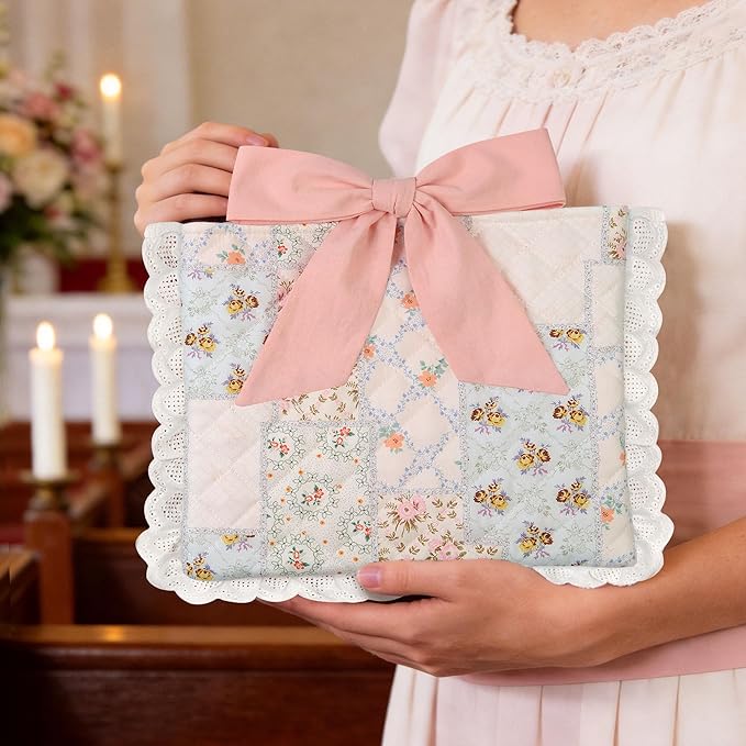 Vintage Spliced Floral Quilted Bible Cover for Women – Fits Standard Size Bibles Padded Protector Washable Cotton Case with Elegant Lace Trim & Bow Handle– Includes Interior Zipper Pocket