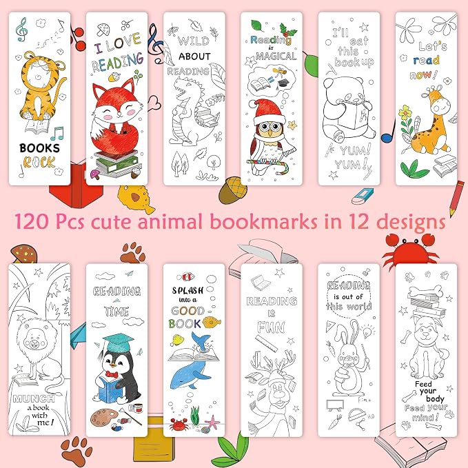 Anseal 120 PCS Color Your Own Bookmarks Bulk, DIY Bookmarks for Kids/Teens, Cute Animal Bookmarks for Reading Lover, 12 Styles Fun & Personalized Bookmark for Students, Classroom Rewards Supplies