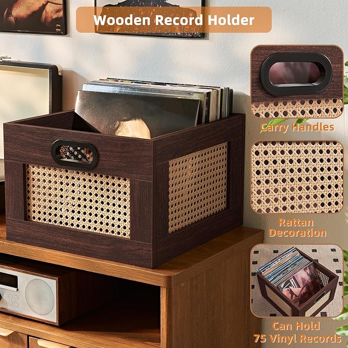 LELELINKY Vinyl Record Storage Crate, Rattan Vinyl Record Holder with Handle, Wood Record Crate for Vinyls Holder up to 75 LP's, Desktop Cube Album Storage for Vinyls Records(Walnut)