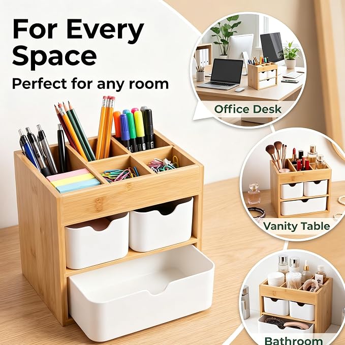 Bamboo Office Desk Organizer with 3 Drawers Wood Makeup Organizer Dresser Cosmetic Box Organizer for Home with Adjustable Dividers