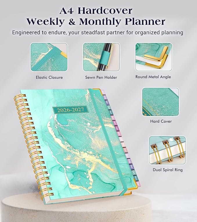 Academic Planner 2026-2027, 18 Months Weekly and Monthly Hardcover Planner, July 2026 - December 2027, 8.5" x 11" A4 Large Daily Calendar Planner Book with Tabs, Spiral College School Agenda Organizer for Student Teacher, Teal Marble
