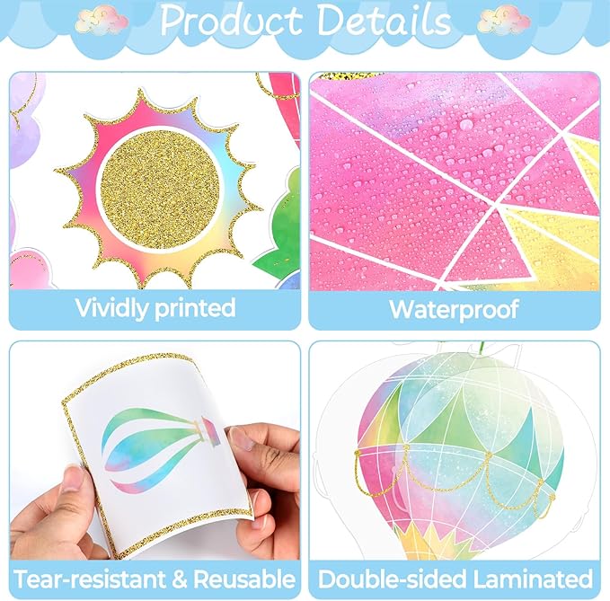 Hot Air Balloon Bulletin Board The Sky is The Limit Classroom Bulletin Board Decorations Colorful Hot Air Balloon Cloud Cutouts Decorations for Back to School Office Home Chalkboard Decor Wall Door
