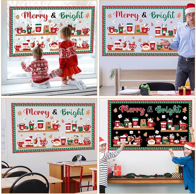 Christmas Bulletin Board Set Merry & Bright Coffee Cup Classroom Decorations Christmas Latte Santa Snowmen Bookshelf Paper Cutouts for Door Wall Decor Xmas Winter Holiday Party Supplies