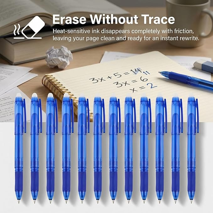 Volcanics Blue Erasable Gel Pens, 0.7mm Fine Point Gel Erasable Pens - Compatible with Rocketbook, 12 Pack, Smooth Writing Pens Pencil-Like Precision for School & Office