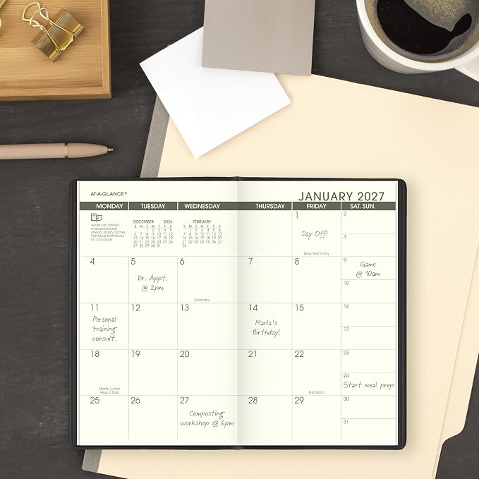 AT-A-GLANCE 2027-2028 Planner, 2-Year Monthly Planner, 3.5" x 6", Pocket Size, Unruled Daily Blocks, Recycled Black (70024G0527)