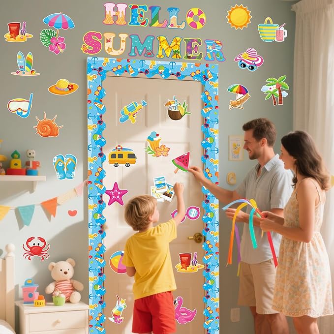 71 Pcs Hello Summer Bulletin Board Set Hawaiian Beach Slippers Sun DIY Borders Bulletin Trim Home School Hawaiian Tropical Party Supplies for Back to School Classroom Chalkboard Wall Door Decor