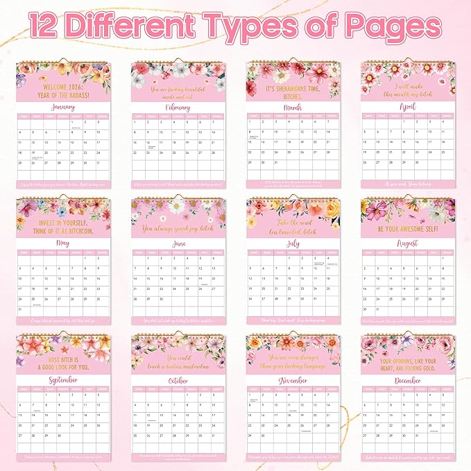 JAPBOR Calendar for Sarcastically Gifted Women - 2PCS 2026 Fu-ck It Wall Calendar for Sarcastic Female, 12 Months Hanging Planner, Affirmations Quotations Office Monthly Calendar Organizer Gag Women Gift