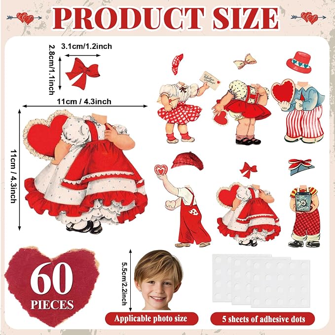 60pcs Vintage Valentine's Day Cutouts Valentines Day Decorations Retro Photo DIY Craft Cutouts Happy Valentine Classroom Bulletin Board Decoration for Home School Office Wall Door Party Supplies