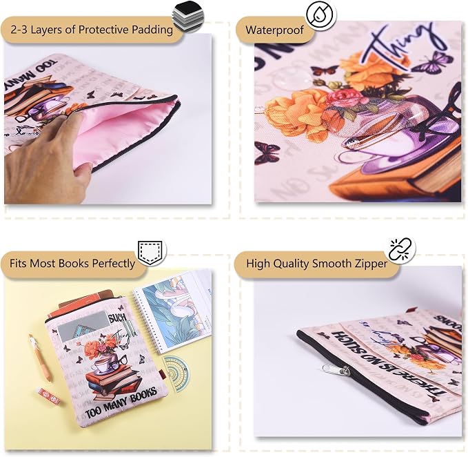 LParkin Book Sleeve With Zipper for Lovers - No Such Thing As Too Many Books, Nerd Protector Covers for Paperbacks, Washable Fabric Multifunctional Sleeves