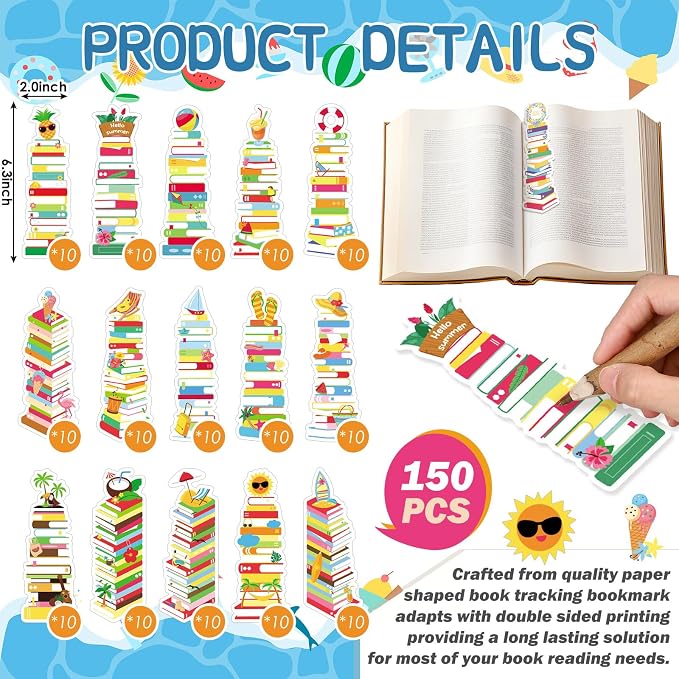 Kolldenn 150 Pcs Book Tracker Bookmarks Bulk 6.3 x 1.97 Inch Bookshelf Love to Read Bookmarks Paper Tracking Double Sided Reading Page Markers for Back to School Reading Lover(Summer)