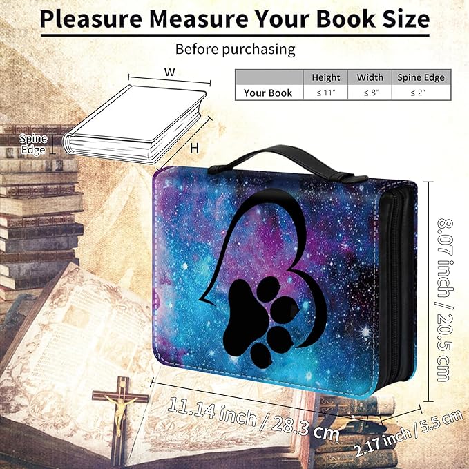 Bible Cover for Men,Large Leather Bible Case Fit Book Up to 11x8x2 Inch,Galaxy Dog Pawprint Love Bible Covers Bible Study Carrier Church Bags w/Handle & Zipper