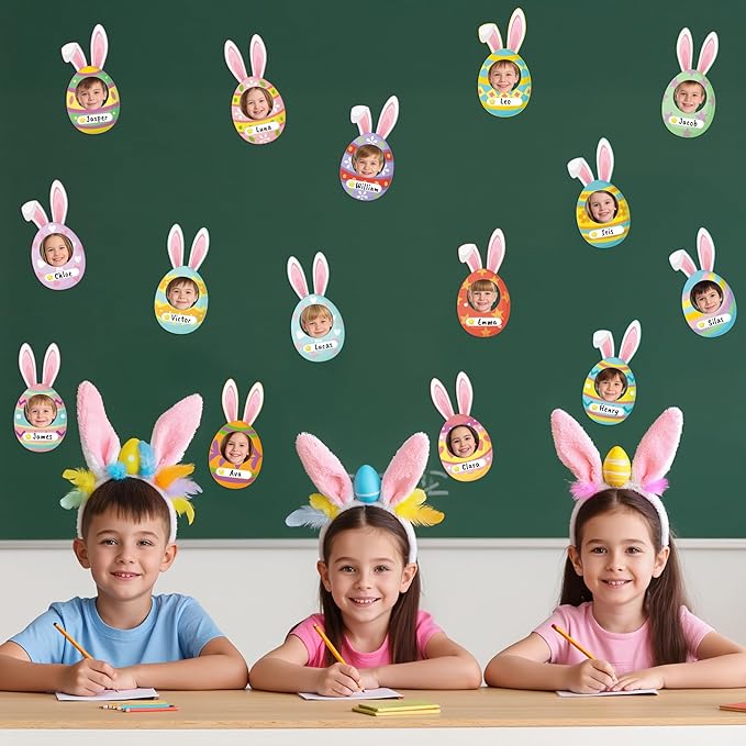 83Pcs Easter Bunny Ear Egg Cutouts for Bulletin Board Decorations, Colorful Easter Rabbit DIY Photo Name Tag Craft Kit, Spring Classroom Chalkboard Door Wall Decor Home School Party Supplies