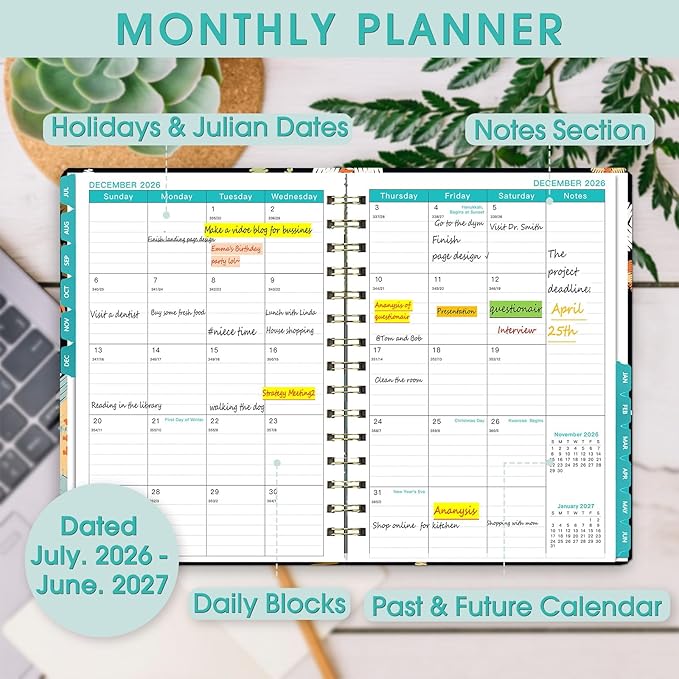 Planner 2026-2027, Academic Year Planner - Daily, Weekly & Monthly Calendar, Jul 2026 - Jun 2027, 6.3" x 8.5", Spiral Notebook with Tabs, Stickers & Inner Pocket, Ideal for School, Office, Home