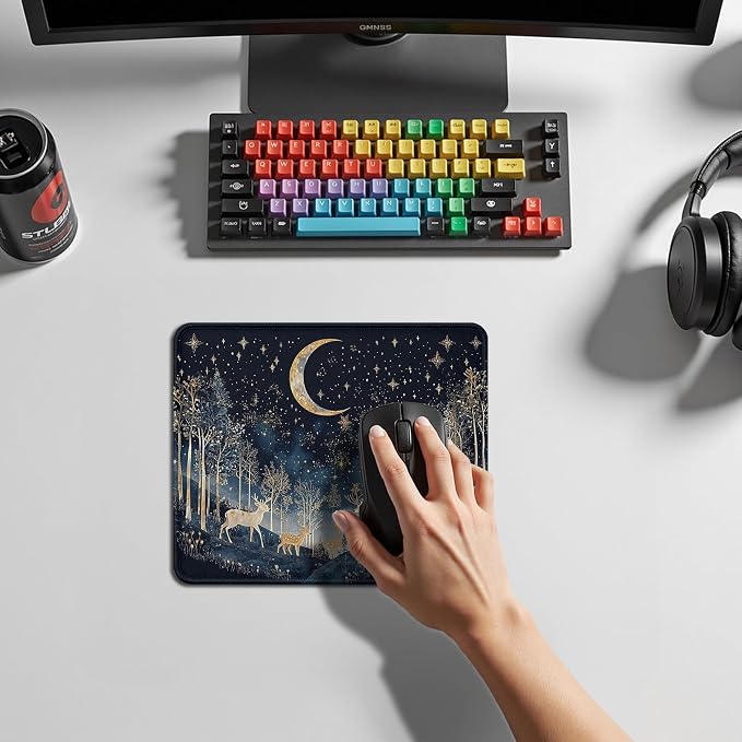 Boho Witchy Crescent Moon Deer Mouse Pad, William Morris Inspired Navy Blue and Gold Night Sky Forest Animal Mouse Pad for Home Office Computer Gaming Desk Essentials, 9.5x7.9 Inch