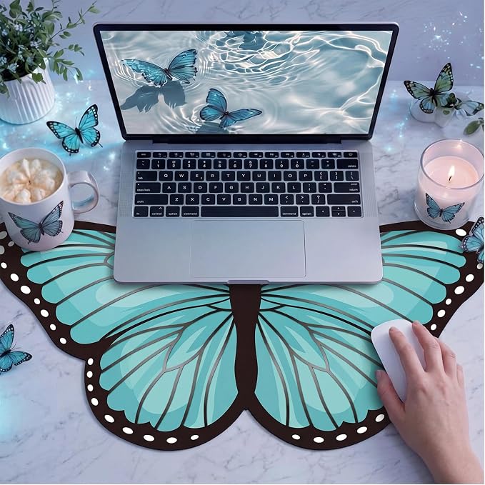 Tellegloww Large Teal Butterfly Gaming Mouse Pad Desk Mat Decorative Butterfly Keyboard Desk Mat with Non-Slip Base Table Accessories for Office Home Study 35.43 x 15.75 Inches