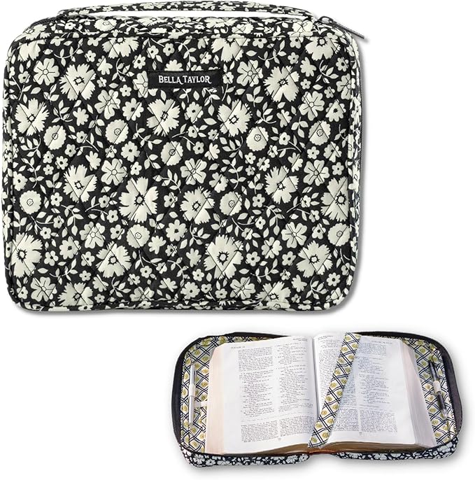 Bella Taylor Quilted Bible Cover for Women - Large Study Bible Case - Bicolor Floral Black