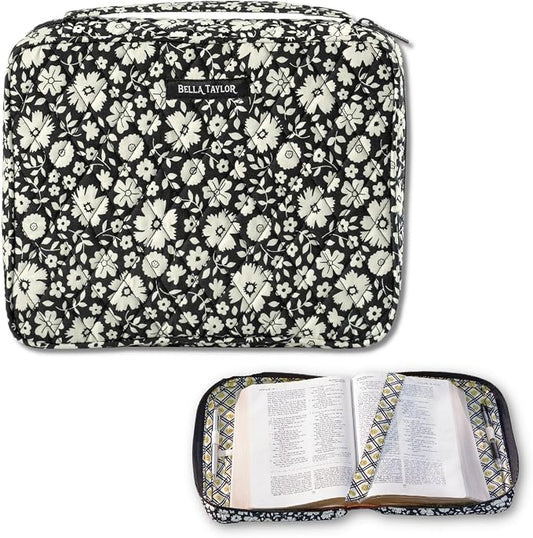 Bella Taylor Quilted Bible Cover for Women - Large Study Bible Case - Bicolor Floral Black