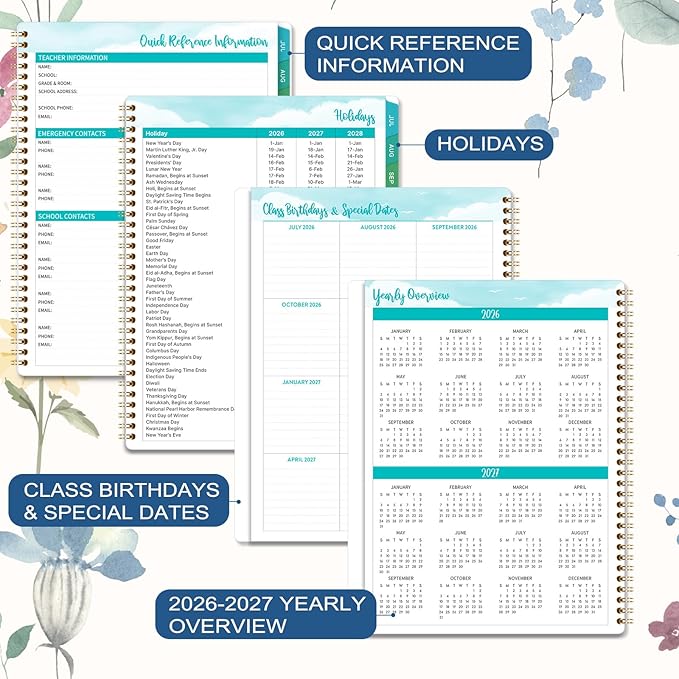 Teacher Planner 2026-2027 - Teacher Lesson Planner 2026-2027, 8.5”x11”, July 2026 - June 2027, Teacher Planner Academic Year, Colorful Monthly Tabs, Holidays, Pocket - Floral