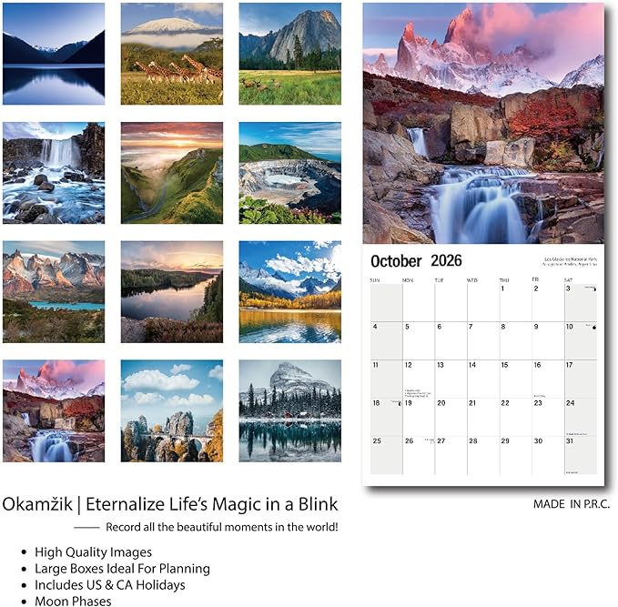 Wall Calendar 2026 Planner Calendar - National Park Hangable Monthly Wall Calendar with Large Blocks for Organizing & Planning, Academic Schedule, Home, Office & family, Thick & Sturdy Paper (12"x24" Open)