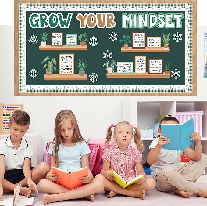Pasimy Winter Growth Mindset Bulletin Board Plant Motivational Classroom Decorations January Bulletin Board Set Inspirational Bookshelf Greenery Cutouts for Holiday Office Library Wall Door Supplies