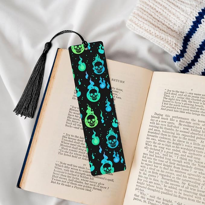Magic Skull 5pcs Wood Bookmarks with Tassel for Planner Reading Book Lovers Accessory Readers Men Women 4.6 X 1.2 Inch