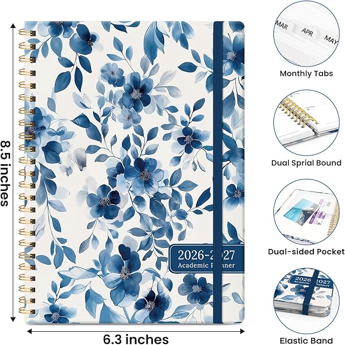 Planner 2026-2027, Monthly and Weekly Academic Planner July 2026 - June 2027, Hardcover Student Teacher Planning Agenda Calendar Book with Tabs, Perfect for Office School Supplies, A5 (6.3" x 8.5") - Watercolor Petal