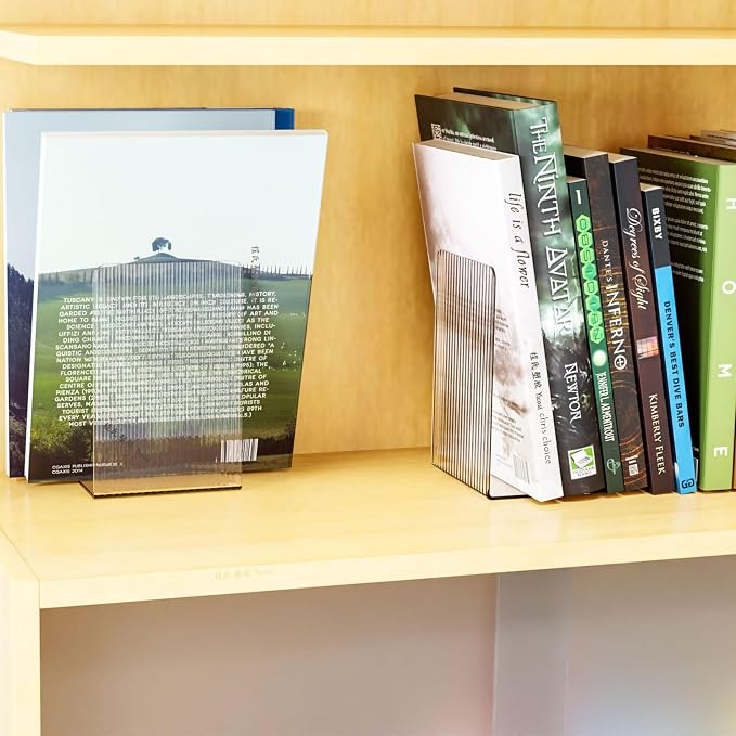 SUOXING 6 PCS Clear Acrylic Book Ends for Shelves Decorative,Invisible Book Stopper with Non-Slip Mats for Heavy Books,Small Acrylic Bookends for Home Office School Supplies and Kids Bookshelf